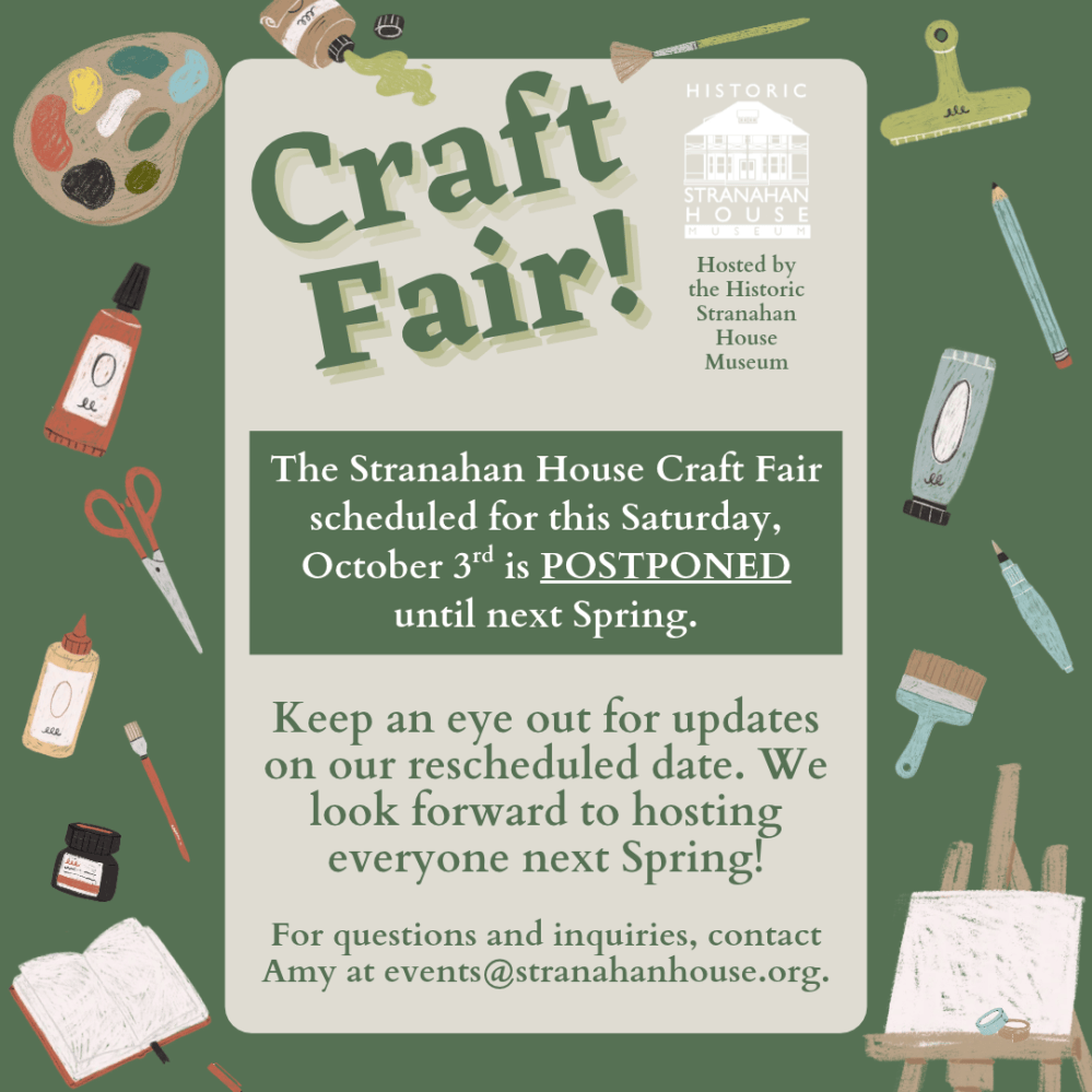 Craft Fair poster with event postponed notice and crafting items illustrated around the border.