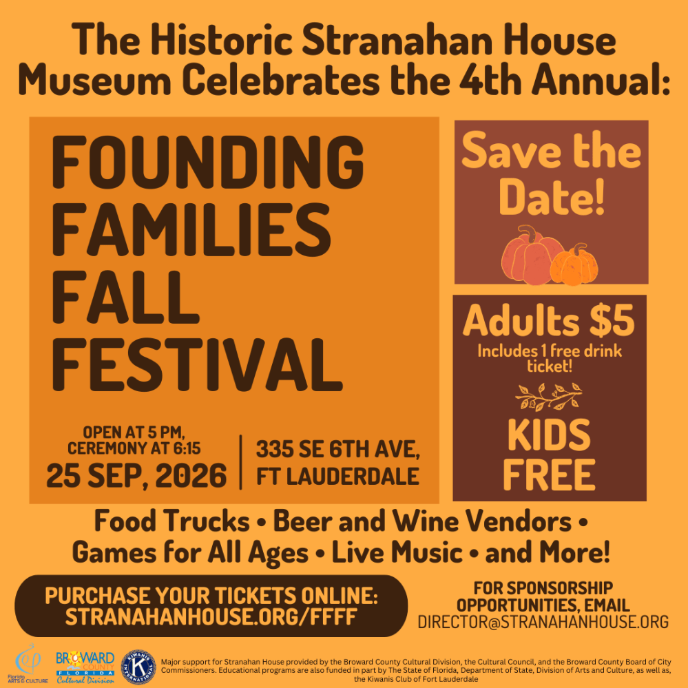Flyer for Founding Families Fall Festival on Sep 25, 2026, in Ft Lauderdale. Adult tickets $5, kids free.