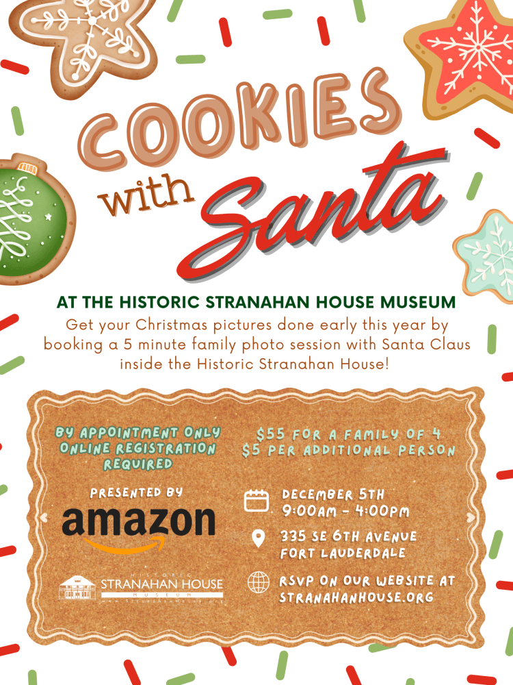 Cookies with Santa event flyer with details and decorations.