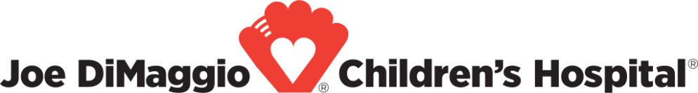 Logo with red heart icon and text 'Joe DiMaggio Children's Hospital'.