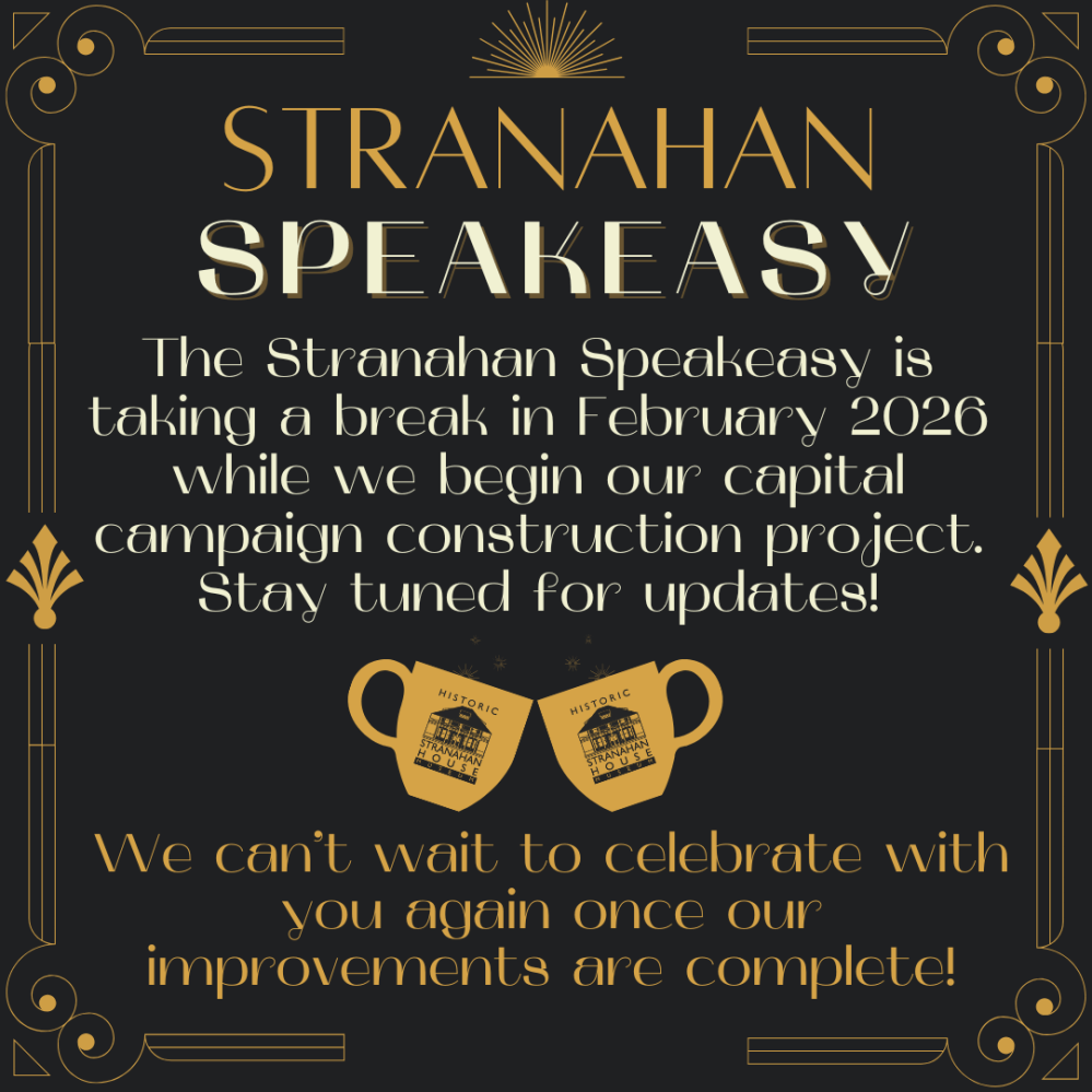 Art Deco style text announcing Stranahan Speakeasy closure for renovations until February 2026.