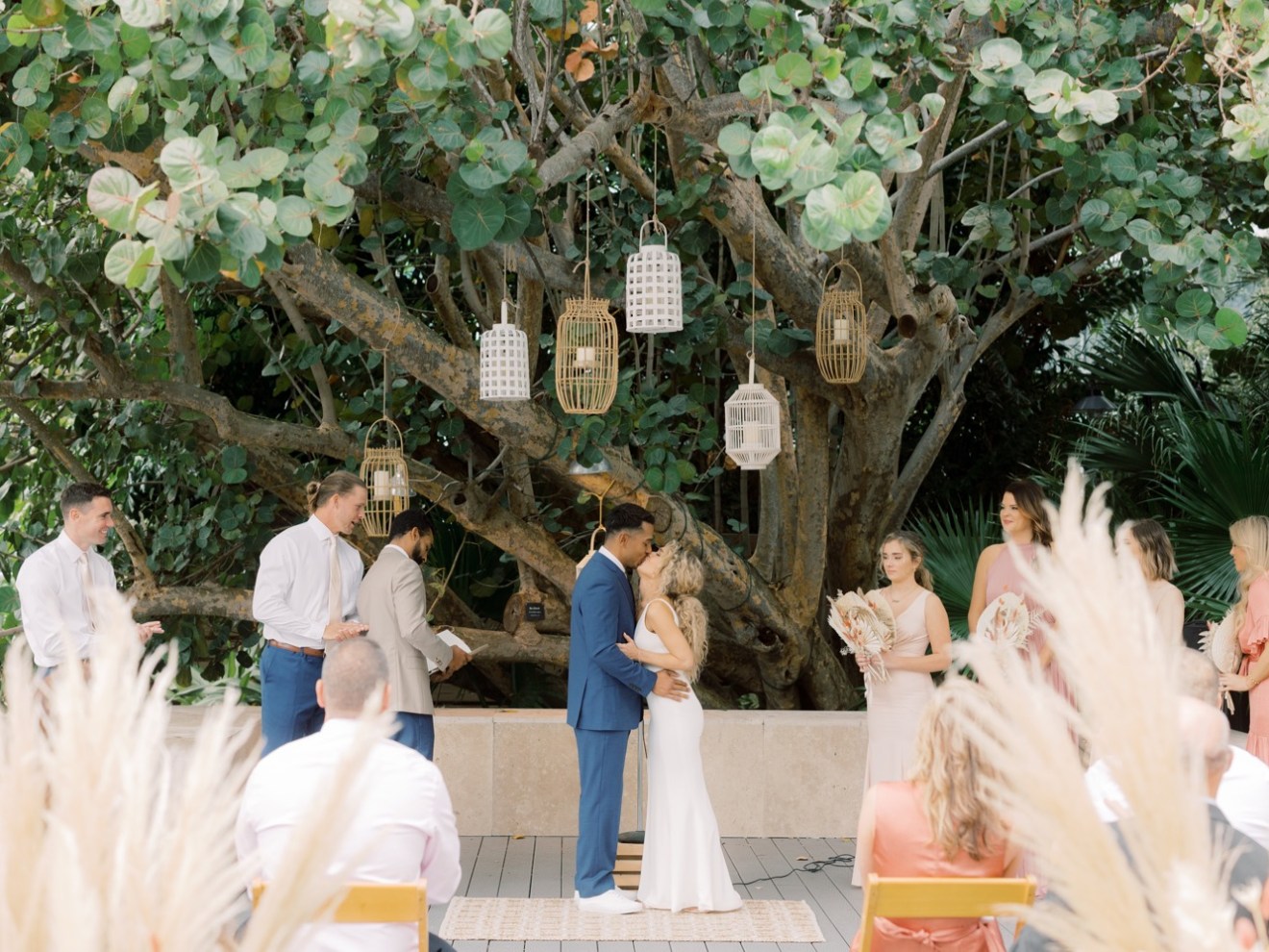 a group of people standing next to a tree