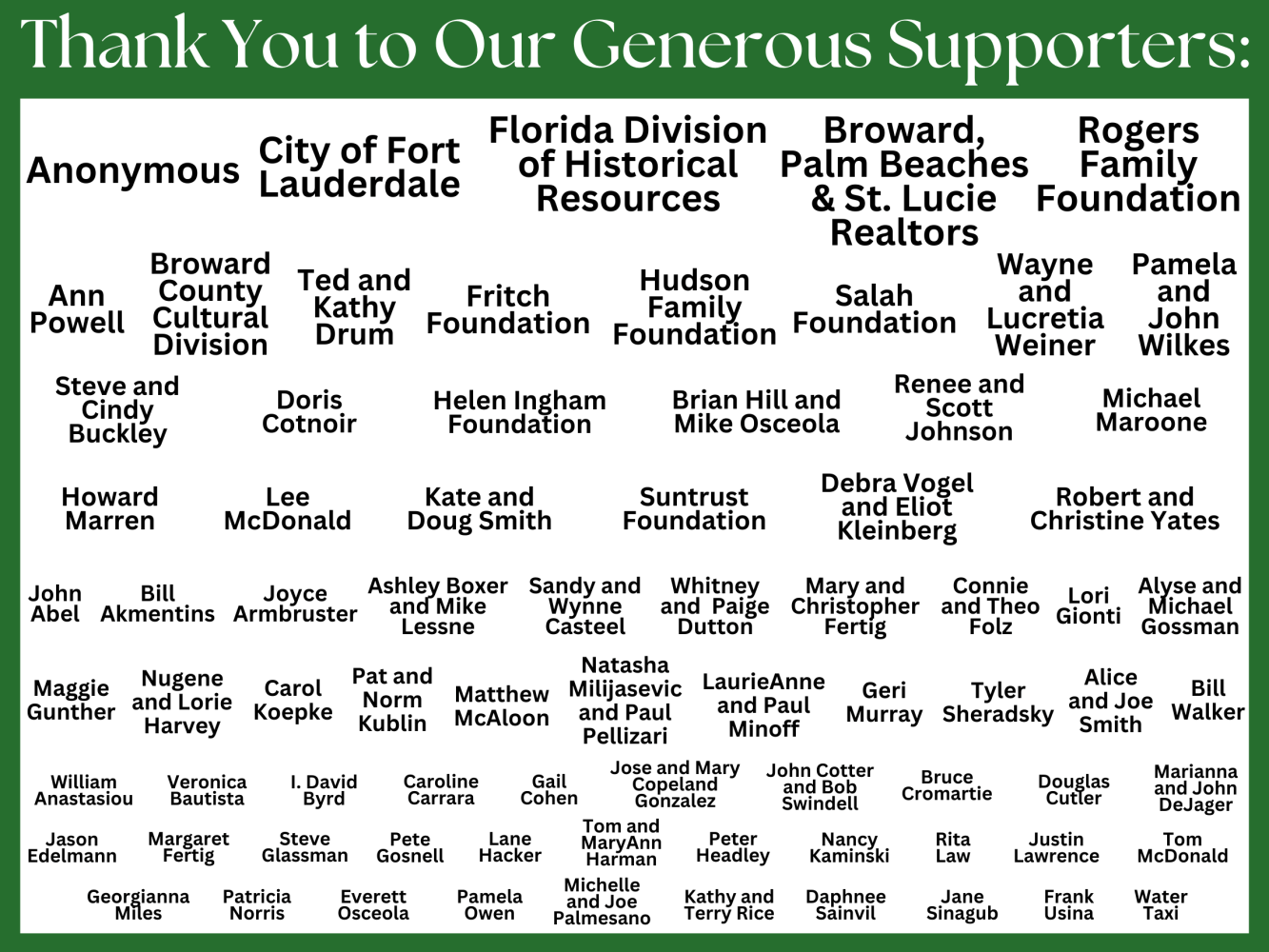 Green and white thank you sign listing individual donors and organizations.
