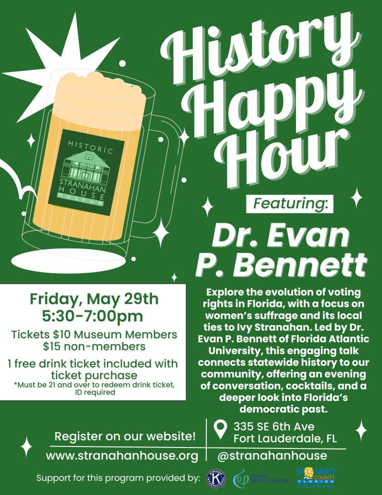 History Happy Hour event flyer featuring Dr. Evan Bennett with event details and location.