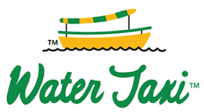 Logo with a yellow boat and 'Water Taxi' in green text.
