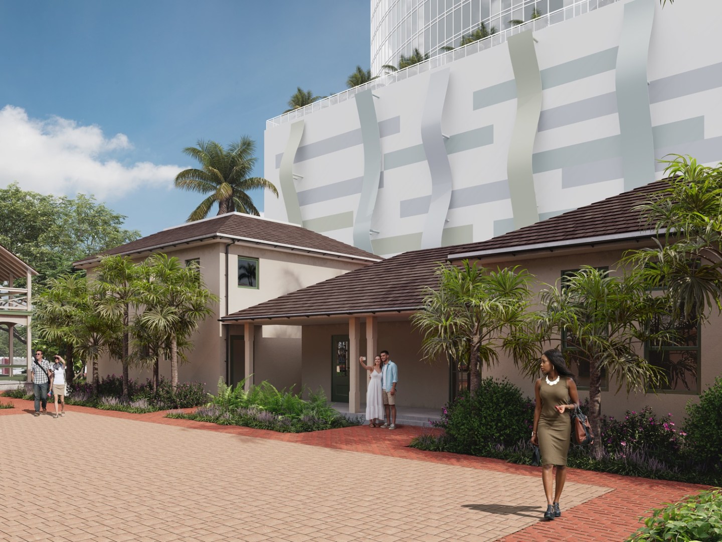 People walking near modern and historic buildings with palm trees around.